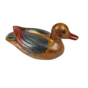 Painted Duck Carved Wooden Small Green & Red Accents Vintage Mid Century Modern
